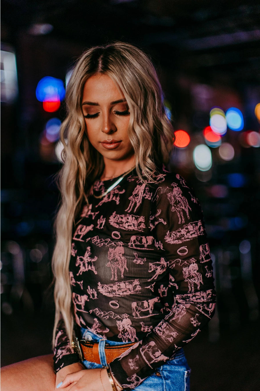 Western Scene Mesh Top