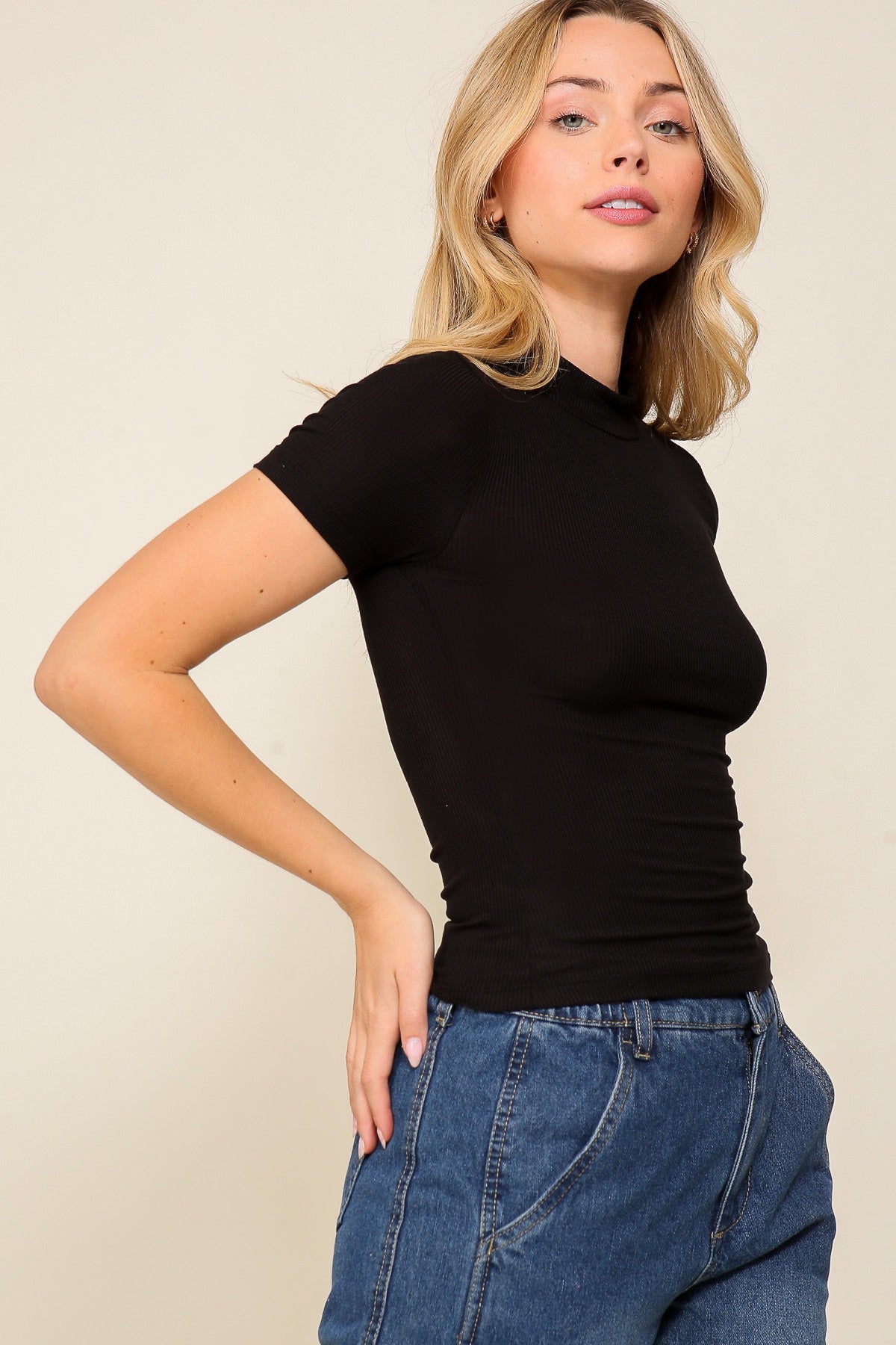 Black Mock Neck Ribbed Top