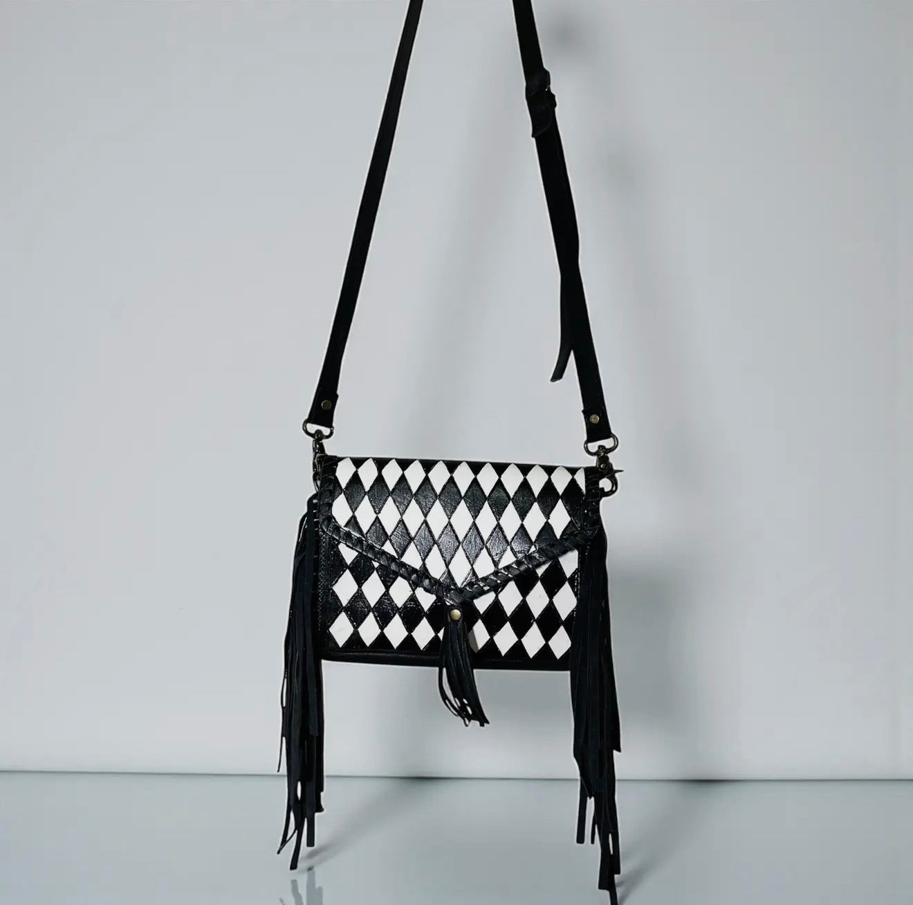 Checkered Diamond Fringe Crossbody